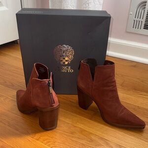 Vince Camuto Rust Suede Pointed Ankle Booties with Block Heel
